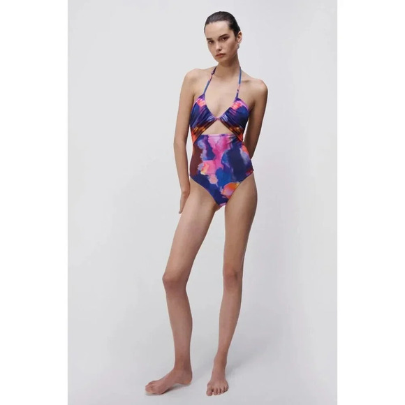 Jonathan Simkhai Judite Watercolor One Piece Cut‎ Out Bathing Suit Size Small